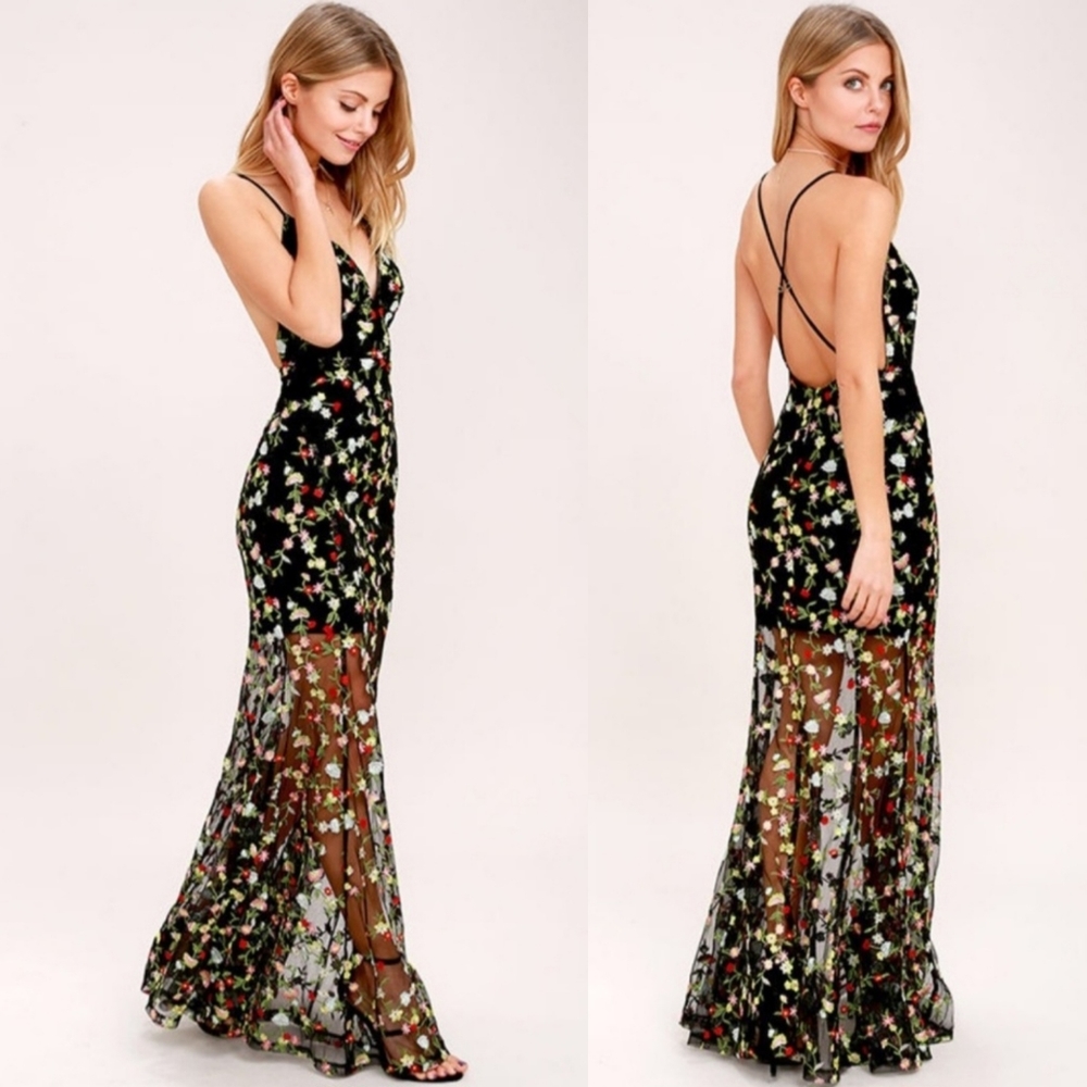 Lulus Black Floral Embroidered Mesh Maxi Dress Backless Formal Cocktail Gown XS